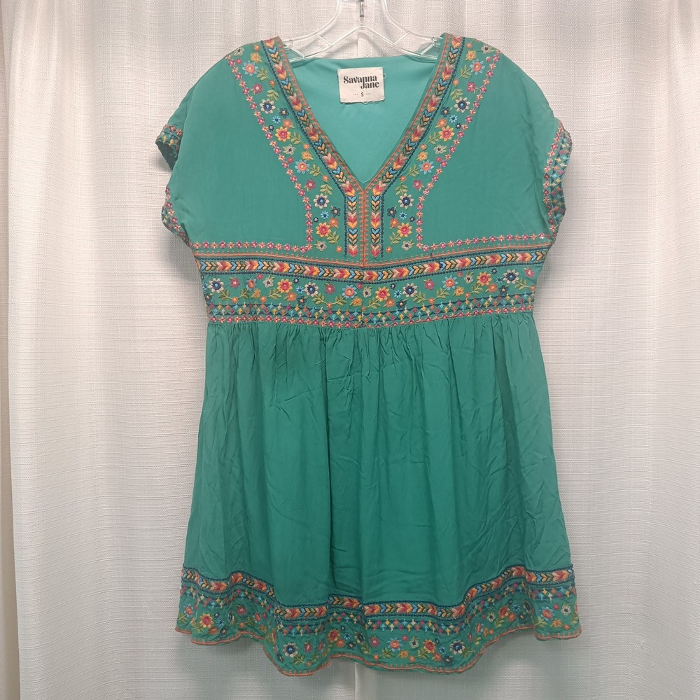 Savanna‎ Jane Teal Green Floral Embroidered Boho Babydoll Mini Dress Small